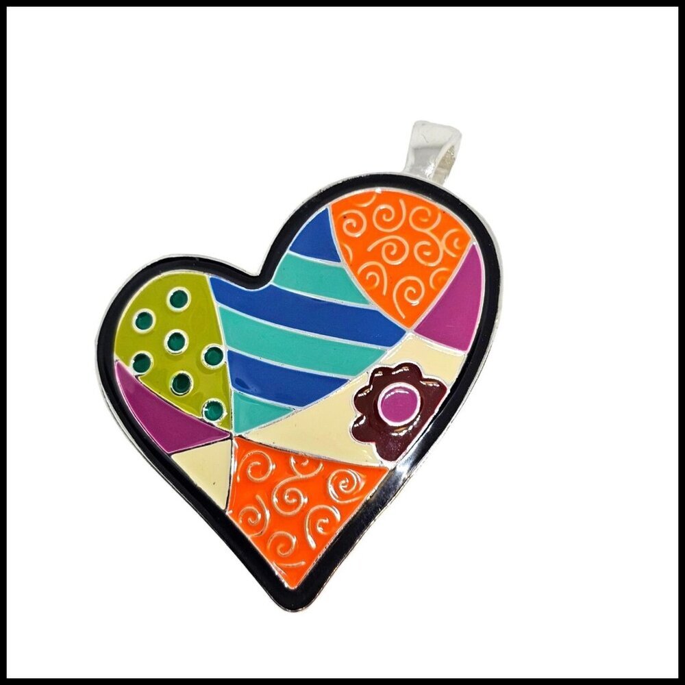 Roman Wearable Art Multi Color Enamel Pendant Heart Silver Tone Magnetic Closure